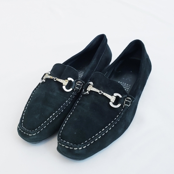 Respira Driving Mocs Loafers Black Suede Shoes Silver Hardware - Picture 1 of 14